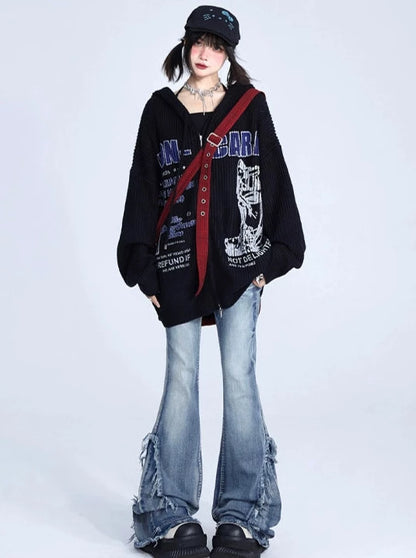 American Retro Letter Print Oversized Hoodie Zip Knit Cardigan