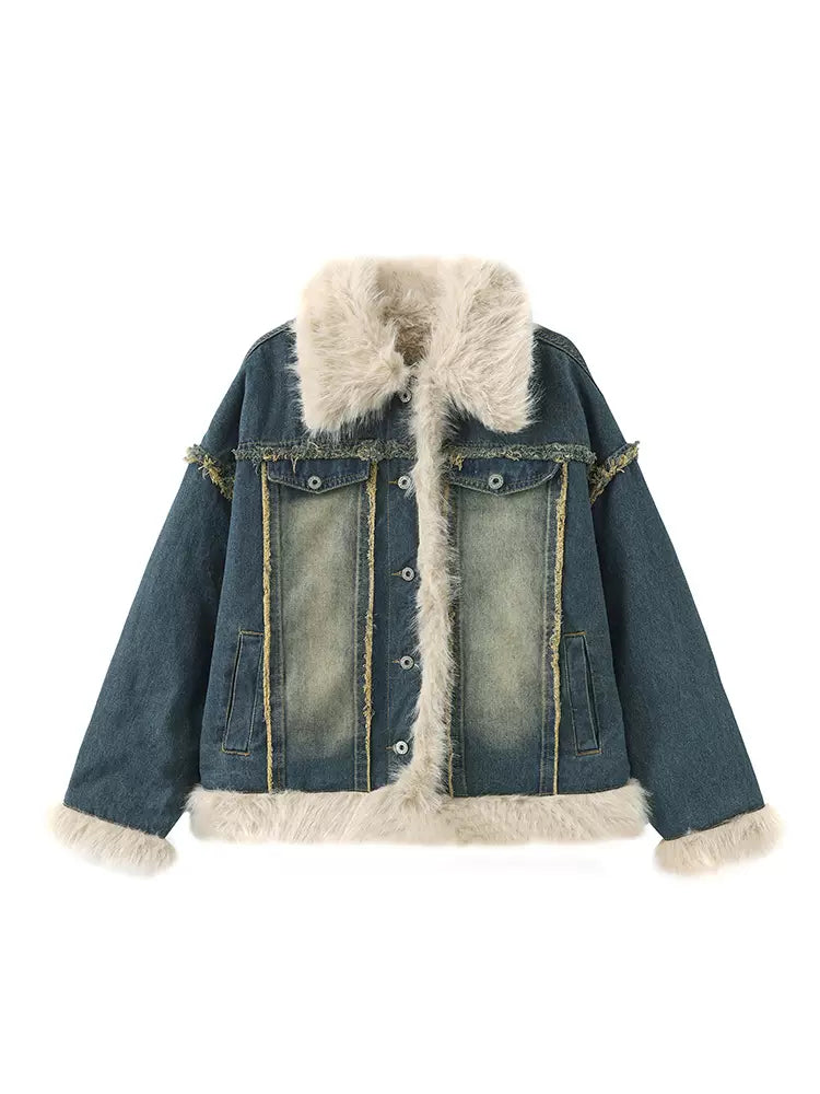 Retro fur stitch denim jacket