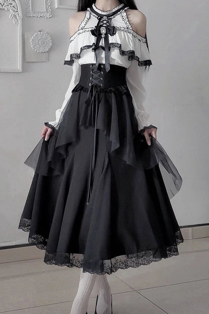 [Pre-order Deadline: October 30] Elegant Gothic White and Black Lace Off-Shoulder Long-Sleeve Ribbon Frill Blouse + Black Layered Lace Long Skirt