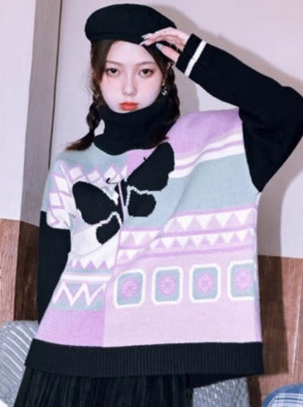 Morpho Turtleneck Retro Loose Contrast Jacquard Pullover Sweater