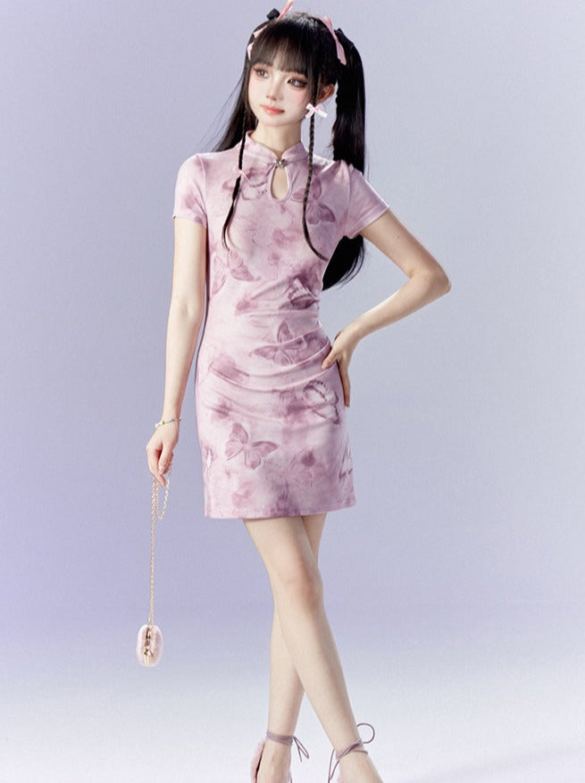 Sweet Pinky Butterfly Short China Dress