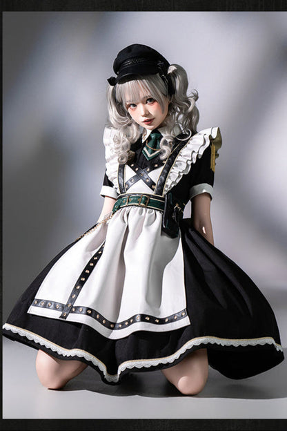 Schwarz-grünes Militär-Maid-Lolita-Kleid Komplettset