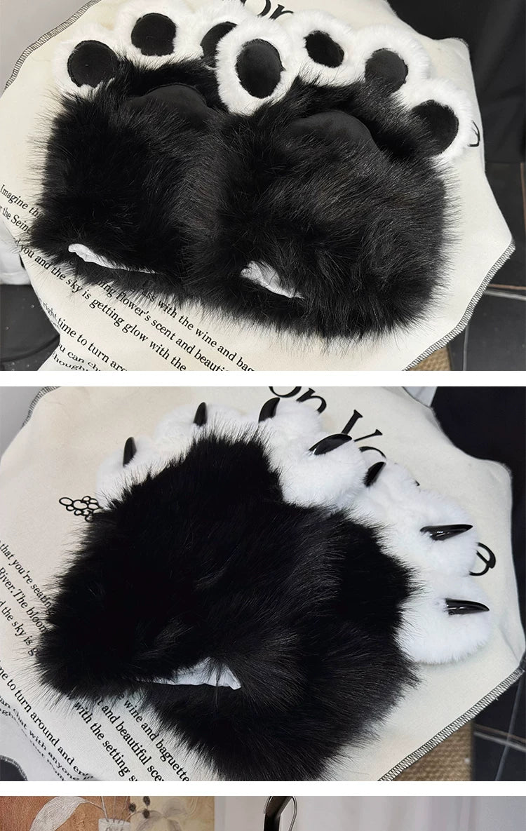 [Pre-order Deadline: September 28] Black Cat Ear Jewel Hat + Black and White Plush Cat Claw Paw Gloves
