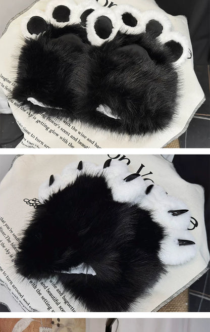 [Pre-order Deadline: September 28] Black Cat Ear Jewel Hat + Black and White Plush Cat Claw Paw Gloves