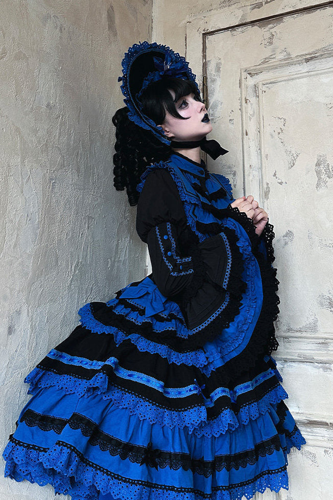 [Vorbestellfrist: 13. Juli] Kleinblaue Gothic-Lolita-Rüschen-Stufenkleid-Komplettset