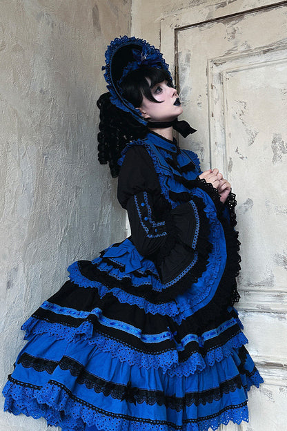 [Vorbestellfrist: 13. Juli] Kleinblaue Gothic-Lolita-Rüschen-Stufenkleid-Komplettset
