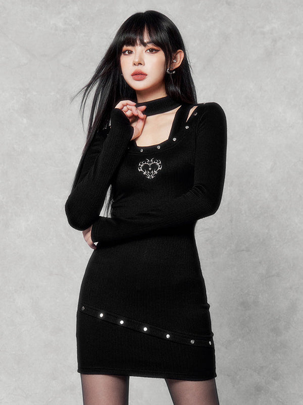 Hardcore Halter Neck Ribet Pure Desley Slim Short Knit Dress