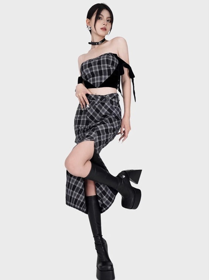 Y2K Dark Check Design Waist Split Skirt