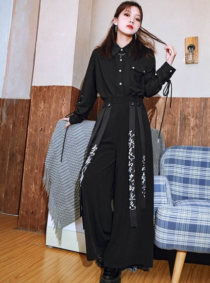 Detachable Calligraphy Ribbon New China Black Wide Leg Pants