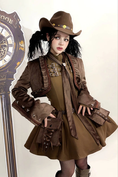 [Scadenza prenotazioni 6 novembre] Abito da bambola steampunk marrone x gothic mode nero con fibbia, collo alto e maniche lunghe a sbuffo