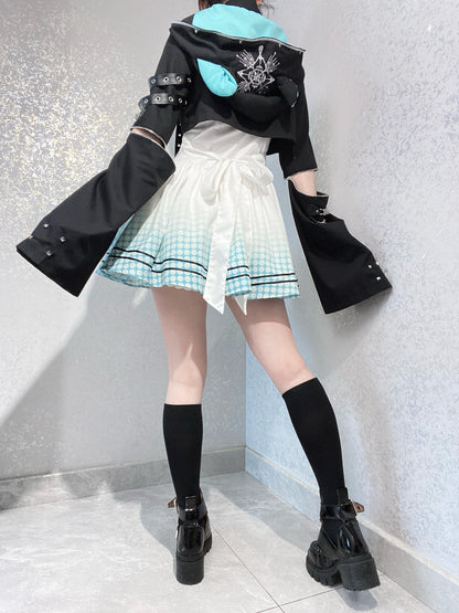 【予約商品】デイリーゴシックレトロパンクスタイルフードジャケット＋プリーツサスペンダースカート