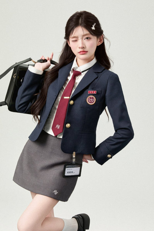 College Badge JK Blazer + White Shirt + Gray Hip Skirt