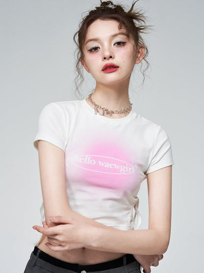 Round neck gradation pink print T -shirt