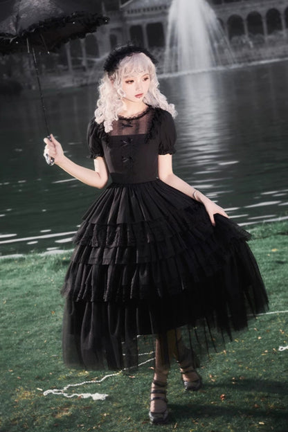 Dark Black Lolita Dress + Inner + Suspender Dress + Veil + Hairband + Belt + Sleeves