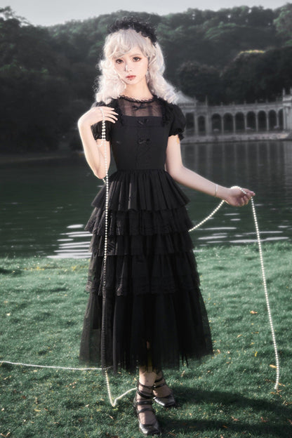 Dark Black Lolita Dress + Inner + Suspender Dress + Veil + Hairband + Belt + Sleeves