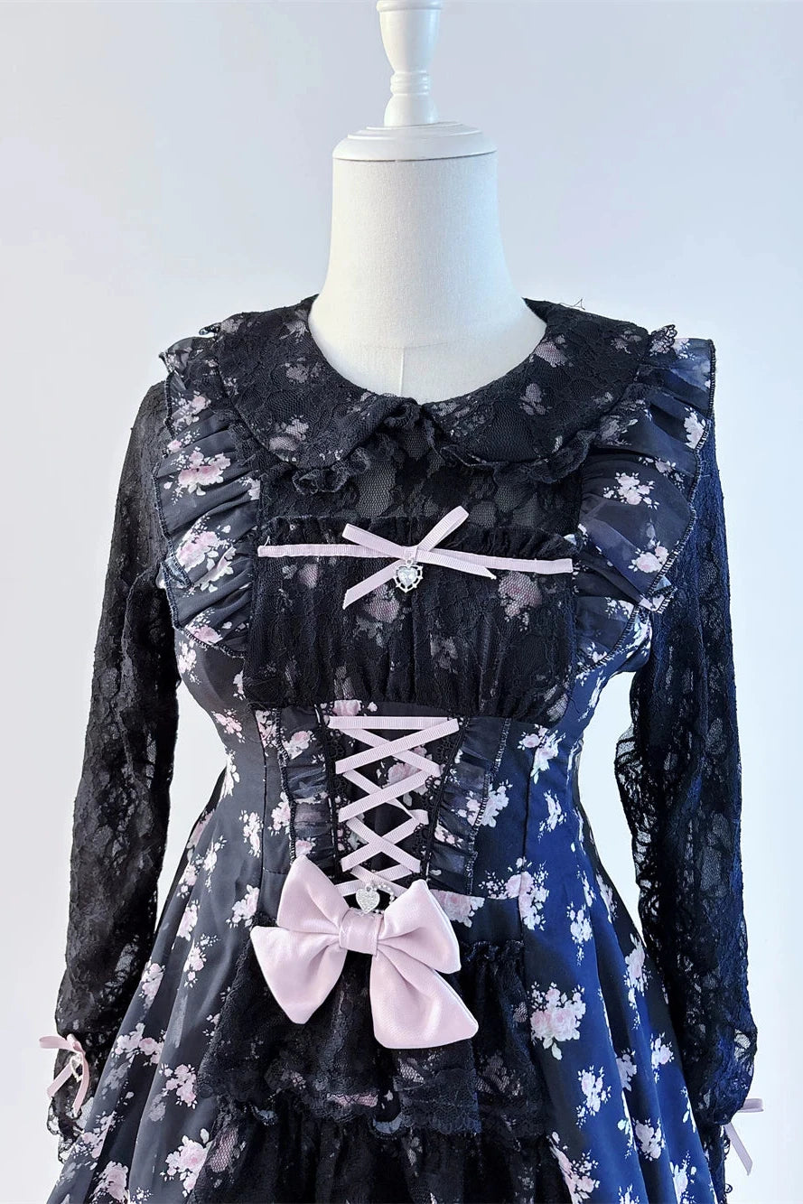 【10月28日予約締切】Pink/White/Black/White 4-Piece Set: Floral Tiered Lace Long-Sleeve Dress + Shorts + Pair of Ribbon Hair Clips + Bow Tie