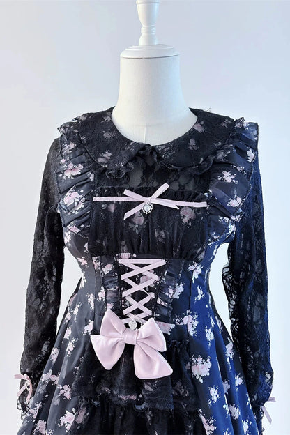 【10月28日予約締切】Pink/White/Black/White 4-Piece Set: Floral Tiered Lace Long-Sleeve Dress + Shorts + Pair of Ribbon Hair Clips + Bow Tie