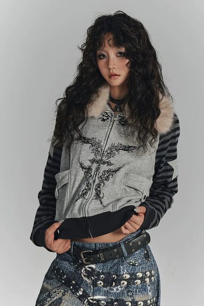 ファーカラーーパッチワークショートジャケット