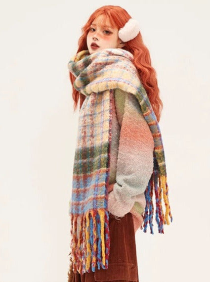 Mohair Rainbow Check Tassel Long Scarf