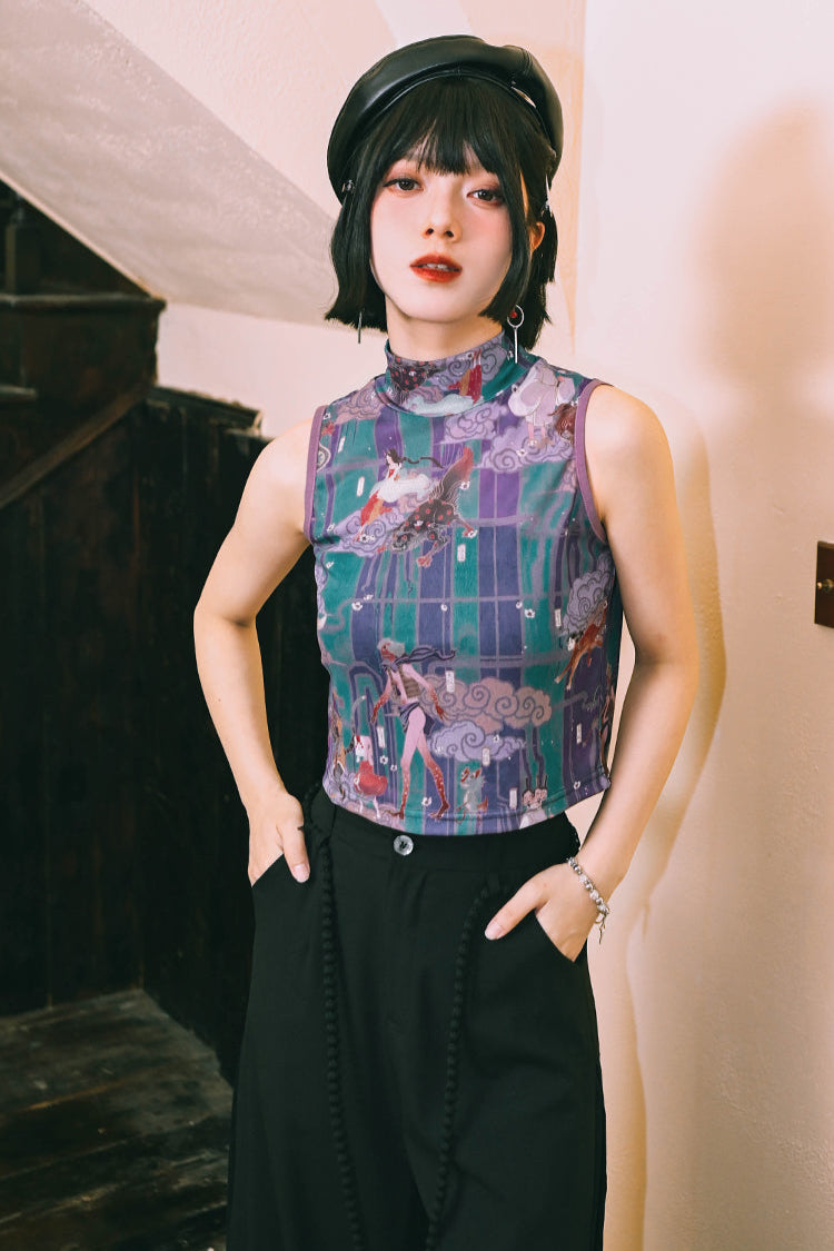 プリントメッシュハイネックノースリーブトップス