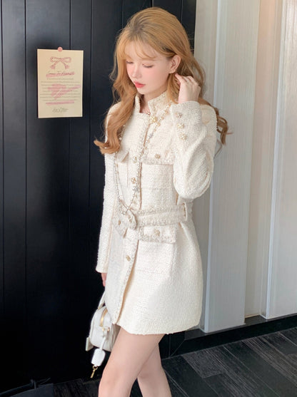 White Tweed French Stand Color Jacket