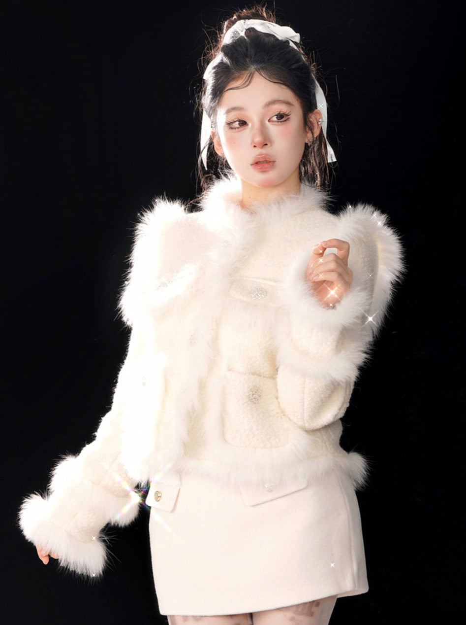 Sweet Tea Snow Fox Fur Apricot Tweed Jacket [Reserved Item].