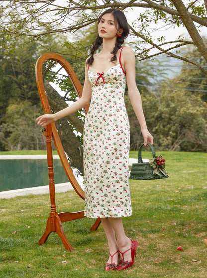 Short ribbon cardigan + strawberry dress