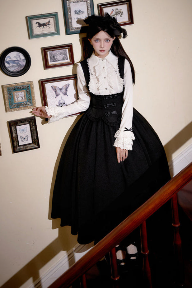 [Reservations] Dark Gothic Doll Long Suspender Lolita Skirt + Big Ribbon Tail + Ruffle Shirt + Ruffle Collar