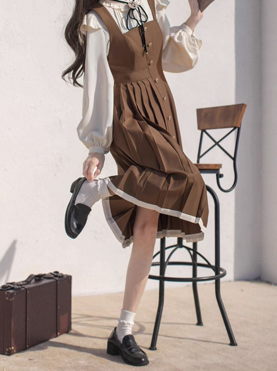 College retro stand collar ruffle shirt + pleated suspender dress + ribbon accessories