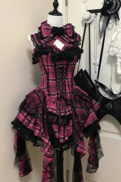 【11月2日予約締切】Pink Plaid × Black Gothic Punk Halter Neck Lace Corset Dress