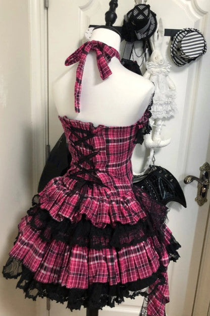 【11月2日予約締切】Pink Plaid × Black Gothic Punk Halter Neck Lace Corset Dress