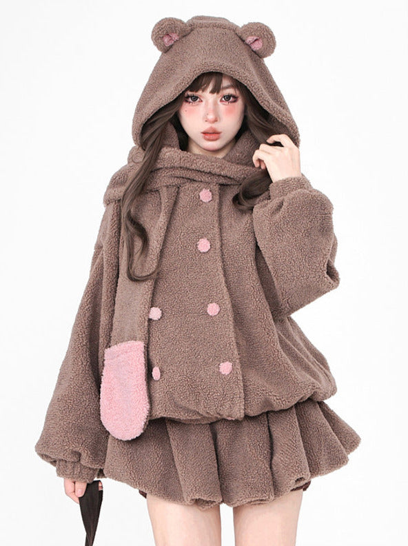 Bear Hood & Scarf Boa Jacket + Skirt