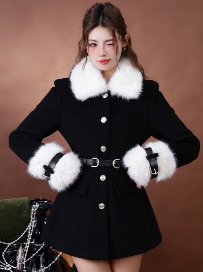 Rich Lady Style Fur Mid Length Waist Wool Coat