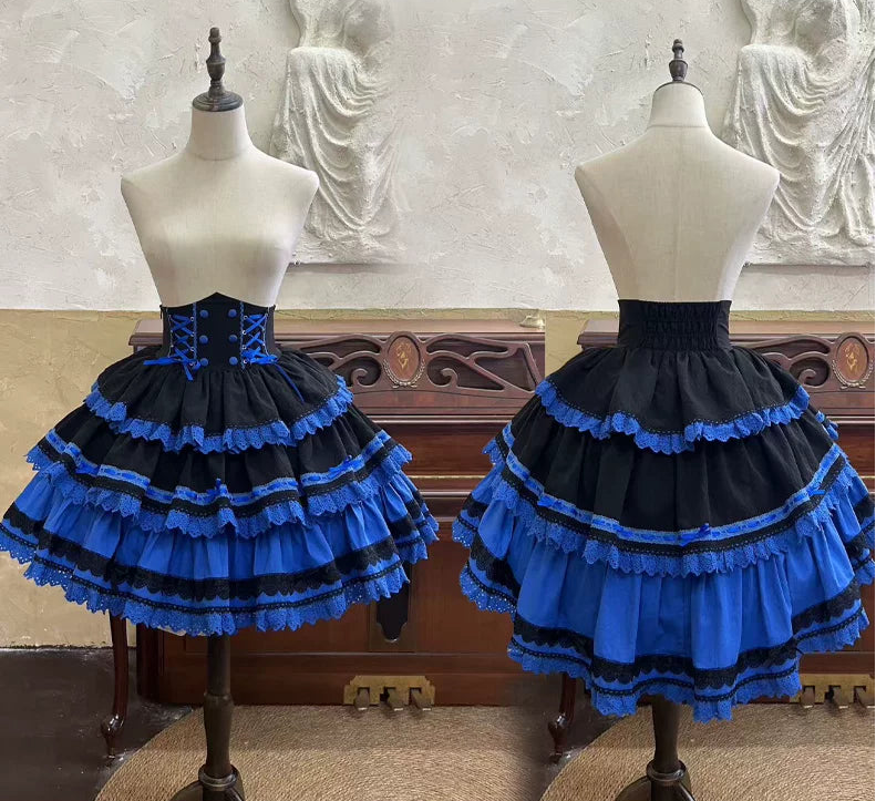 [Vorbestellfrist: 13. Juli] Kleinblaue Gothic-Lolita-Rüschen-Stufenkleid-Komplettset