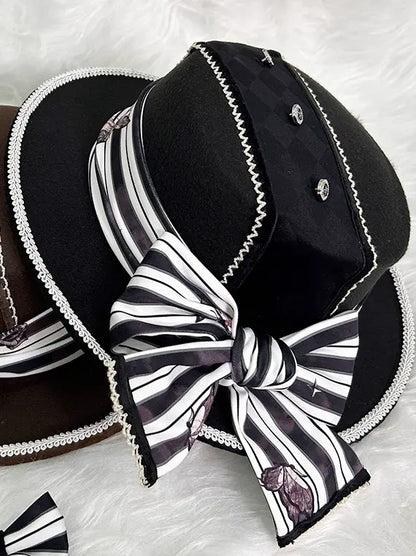 【10月3日予約締切】Black/White Elegant Gothic Series Accessories(Black Butterfly Print Striped Ribbon Hat, Black Rose Ribbon Brooch, Ribbon KC, Hair Clip Pair, Bonnet)
