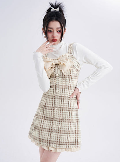 Retro check frill ribbon suspender dress