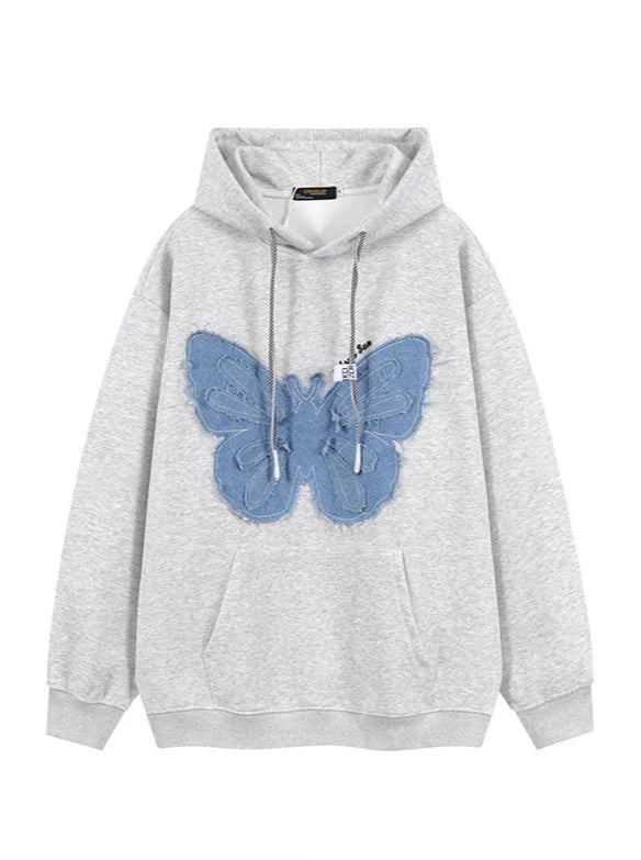Patch Denim Butterfly Flower Loose Hooded Sweatshirt