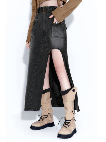 Design High Slit Denim Long Skirt