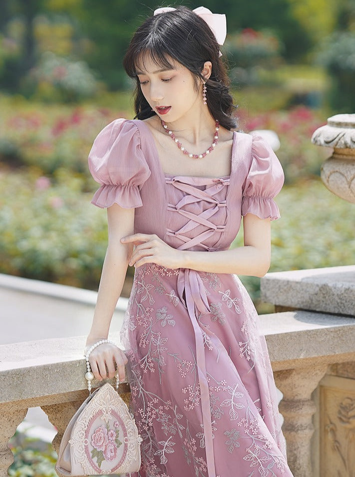 Square Neck Lace-Up Flower Dress