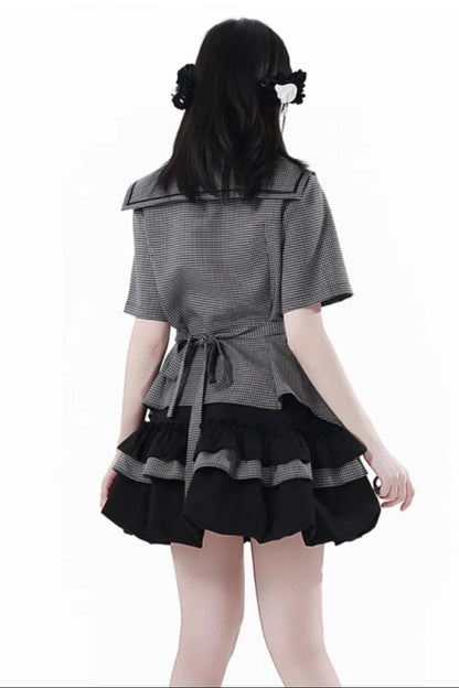 Plaid College Shirt + Shirt + Puff Skirt