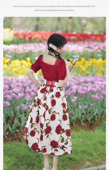 Square Color Lace Top + Rose Design Long Skirt