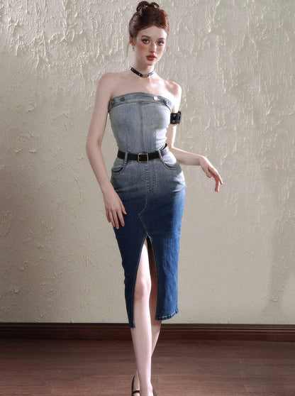 Tube Top Mid Length Summer Denim Dress