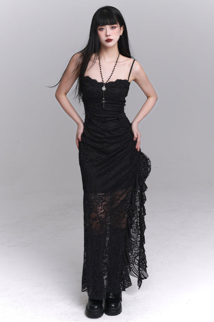 Dark Lace Slit Suspended Dress