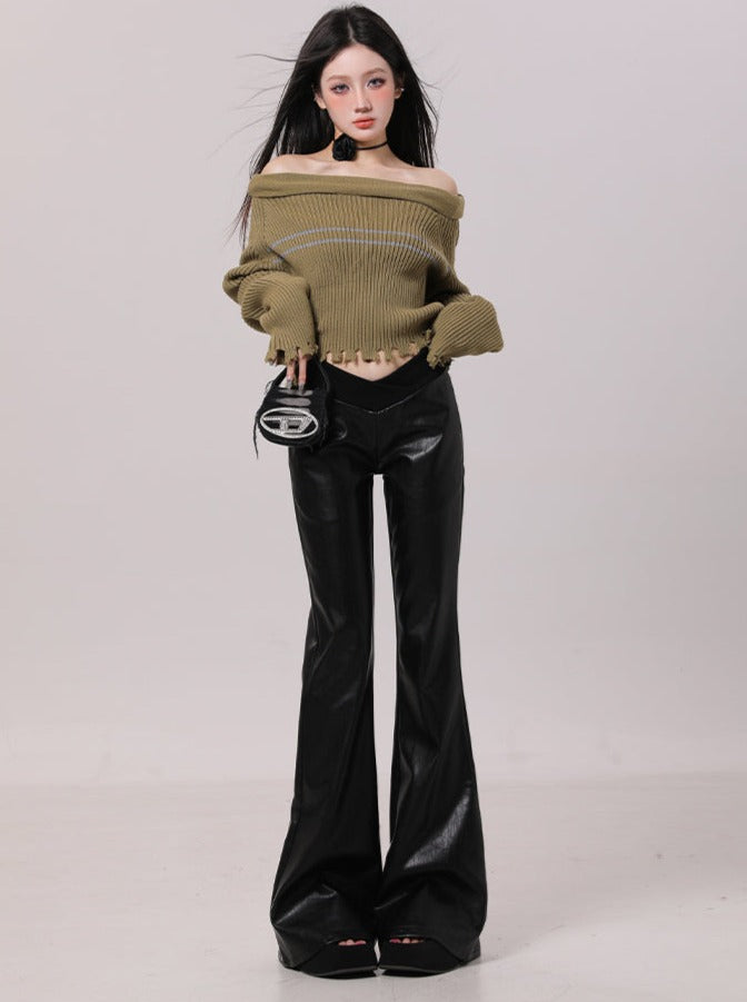 Leather design long flare pants