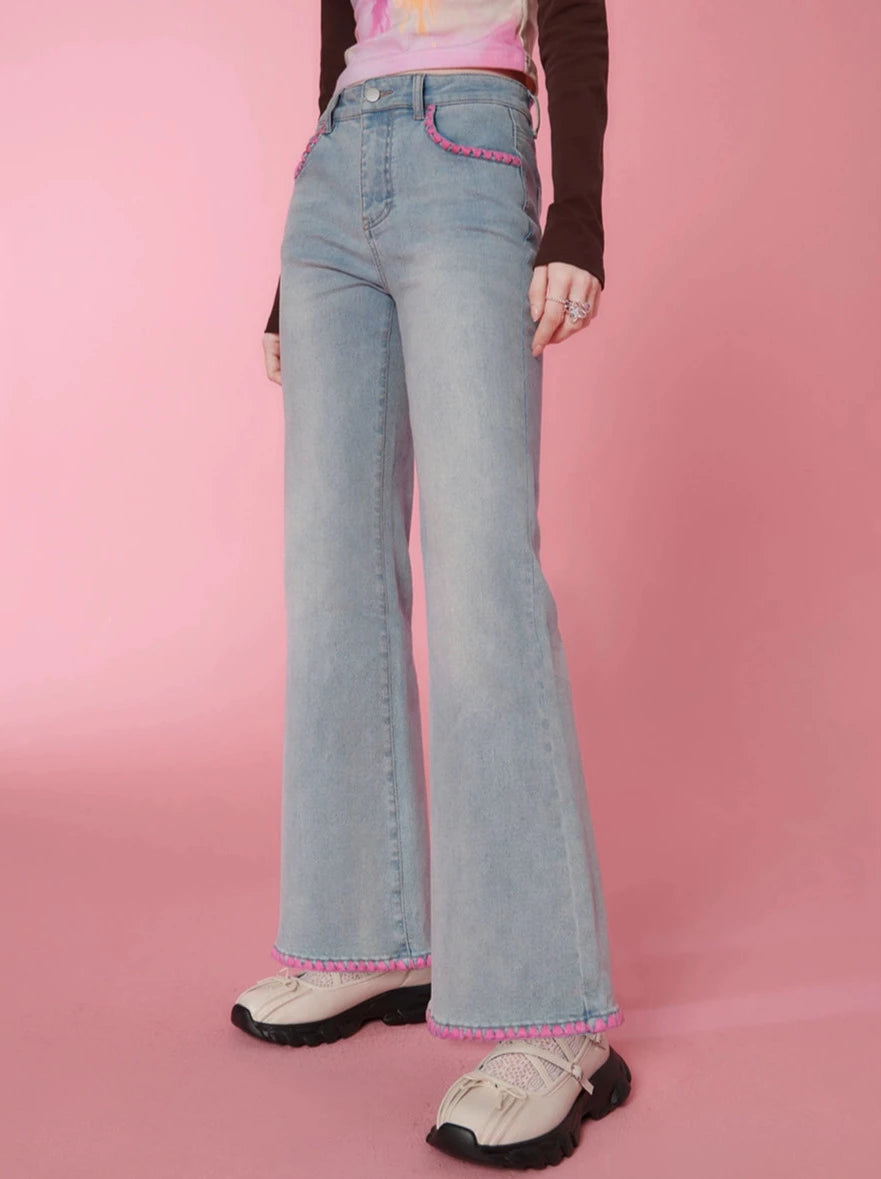 Contrast color stitch flared denim