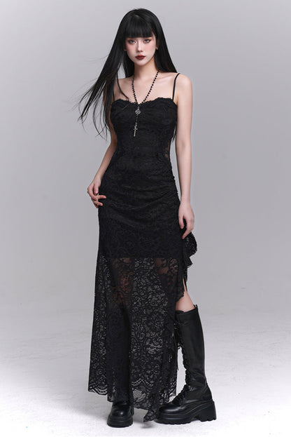 Dark Lace Slit Suspended Dress