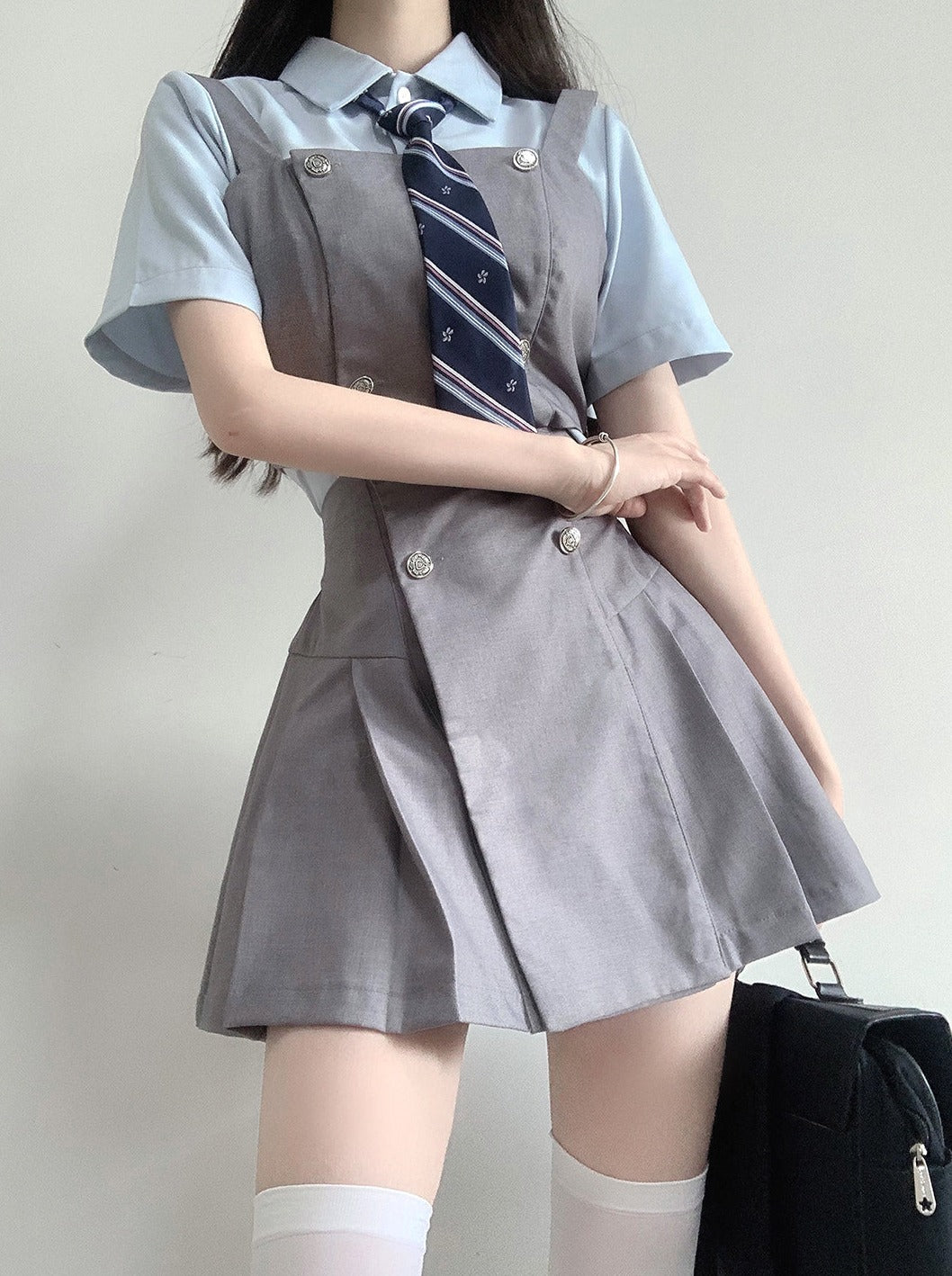 Waist Design Slit Suspender College Skirt