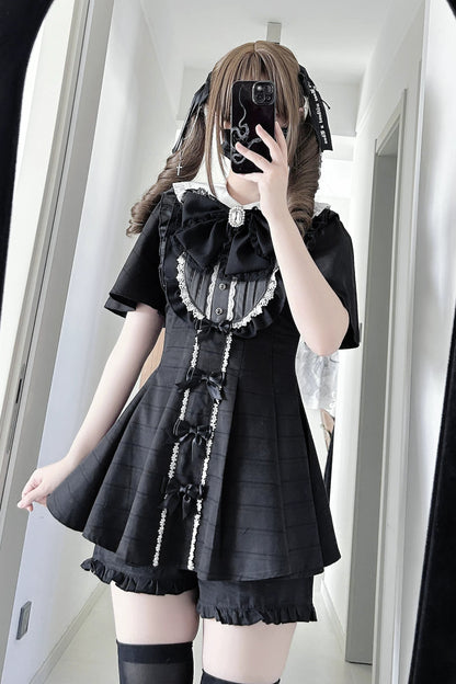 【3月1日予約締切】グレーブラックジュエルリボンフリルドレス＋ロングスリーブ＋ショートパンツフルセット