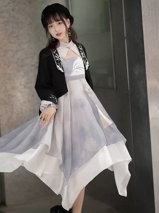 Original Orchid Beauty New Chinese Style Embroidered Long-sleeved Dress Jacket Suit Han Elements Han-Yang Eclectic Suit