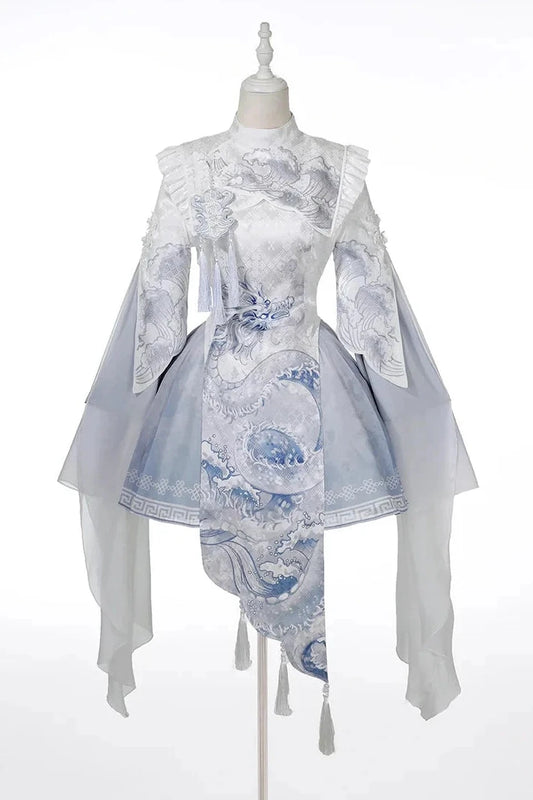 【11月3日予約締切】New Chinese Lolita Asymmetrical Panel Dragon Motif Tassel Dress Set